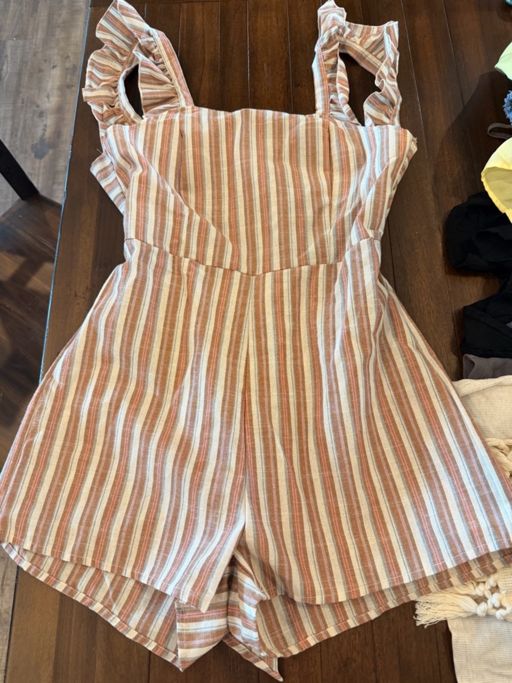 SHEIN Rust & Cream Striped Ruffle Strap Romper